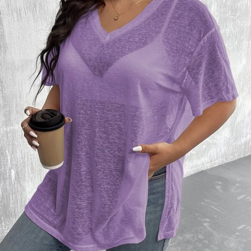 2/$15 Plus Drop Shoulder Split Hem Mesh Top Without Bra